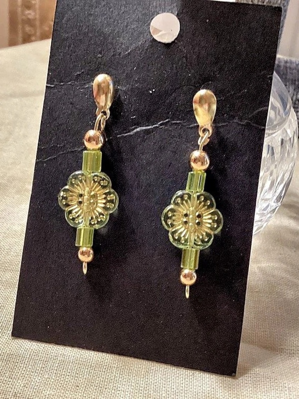 Green & Gold Floral Drop Earrings